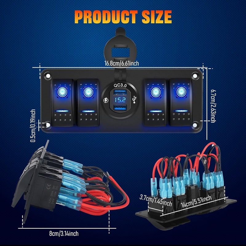 NORTHYUN 4 Gang Rocker Switch Panel 12V/24V with QC3.0 USB Charger Voltmeter Pre-Wired Switch Panel Waterproof Aluminum with 132 PCS Night Glow Stickers for Boat Yacht RV UTV - Image 3
